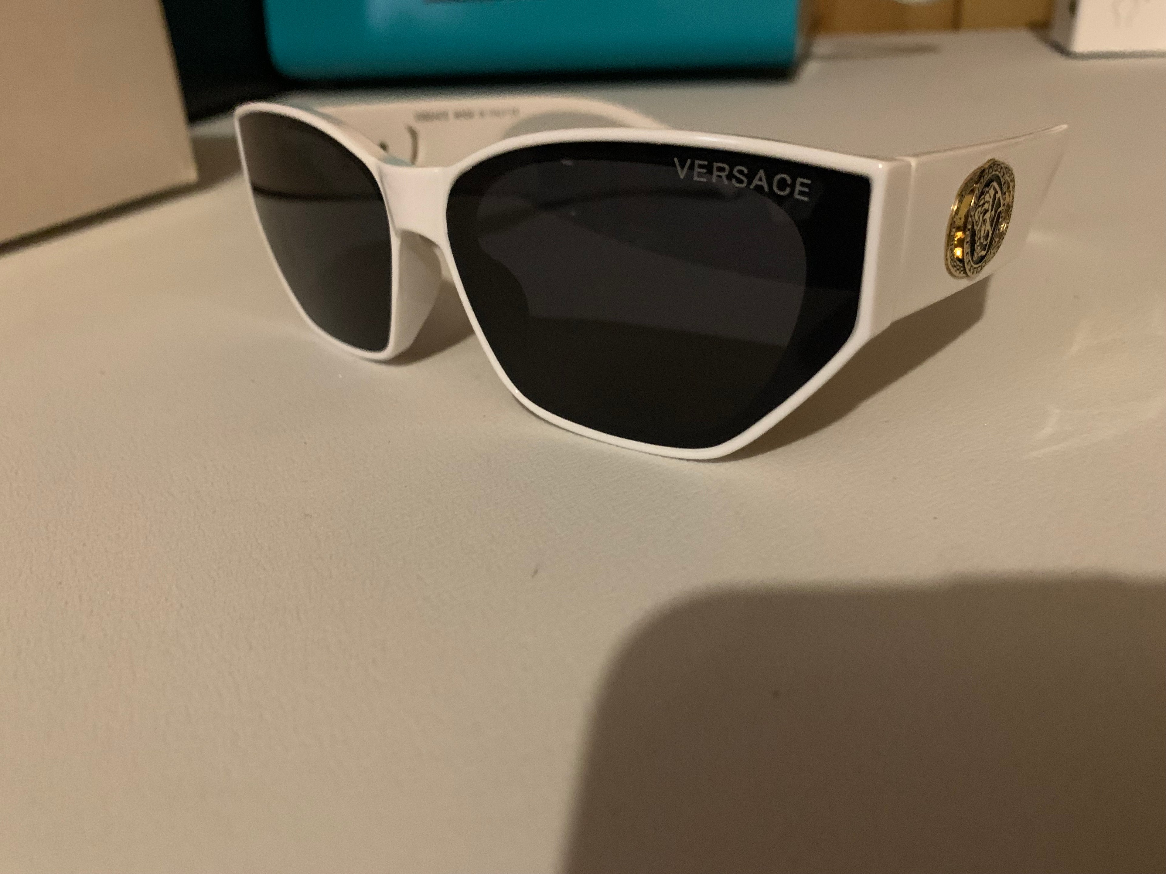 Versace Women’s Square Sunglasses White Plastic Frame Black Tinted Lenses